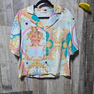 Bellambra Italy Linen Blend Baroque Print Button Up Shirt Colorful S NWT